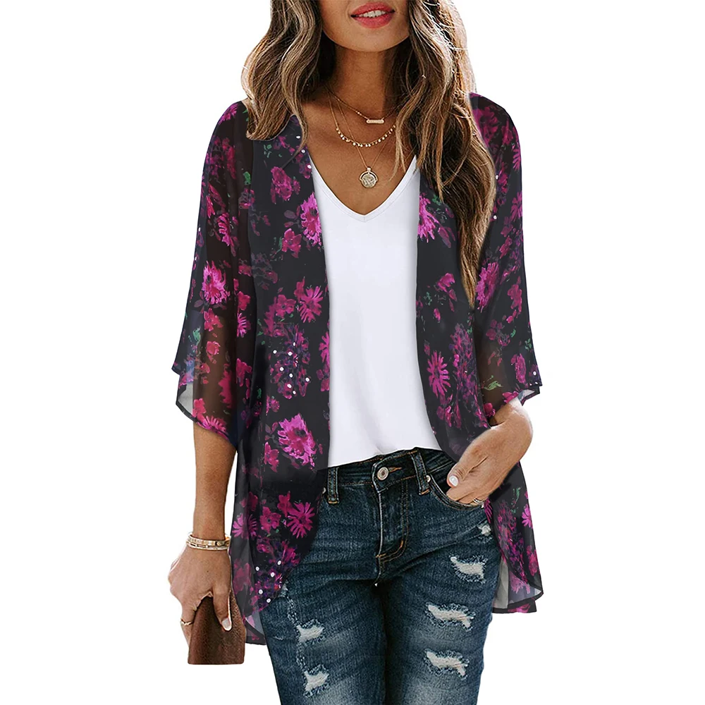 Sommer lange fließende Kimono vertuschen Tops Kimono Strickjacke Mantel Outwear Bluse Bohemian Bikini Hawaii Chiffon Shirt Strand party