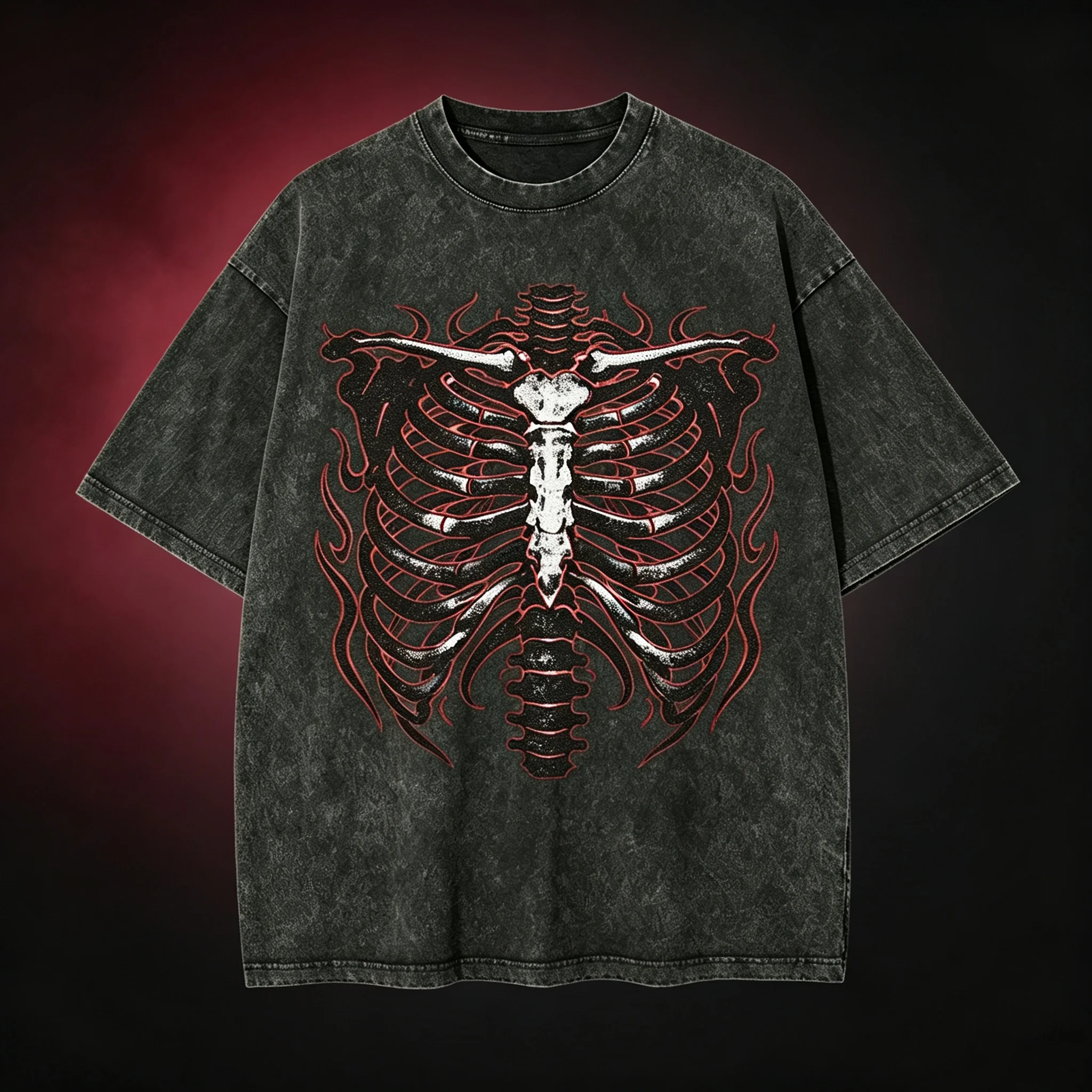 Vintage Washed Skeleton Rib Print Short Sleeve T‑Shirt, American Retro Dark Streetwear Loose Crew Neck Top