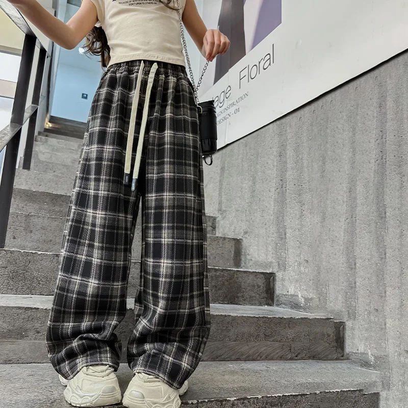 Karierte Hosen für Teenager-Mädchen, Frühling und Herbst, lässig, locker, gerade geschnitten, mit Kordelzug, modische Jogginghose für Kinder