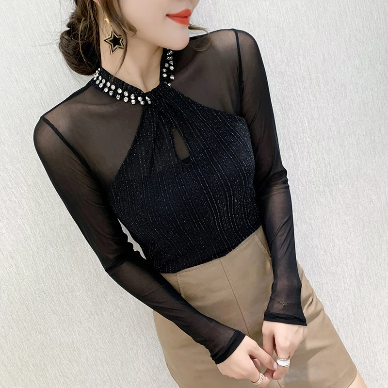 #7930 Black Blue See Through T Shirt Women Sexy Long Sleeved T Shirts Female Beading Casual Tight T-shirt Thin Spring Autumn