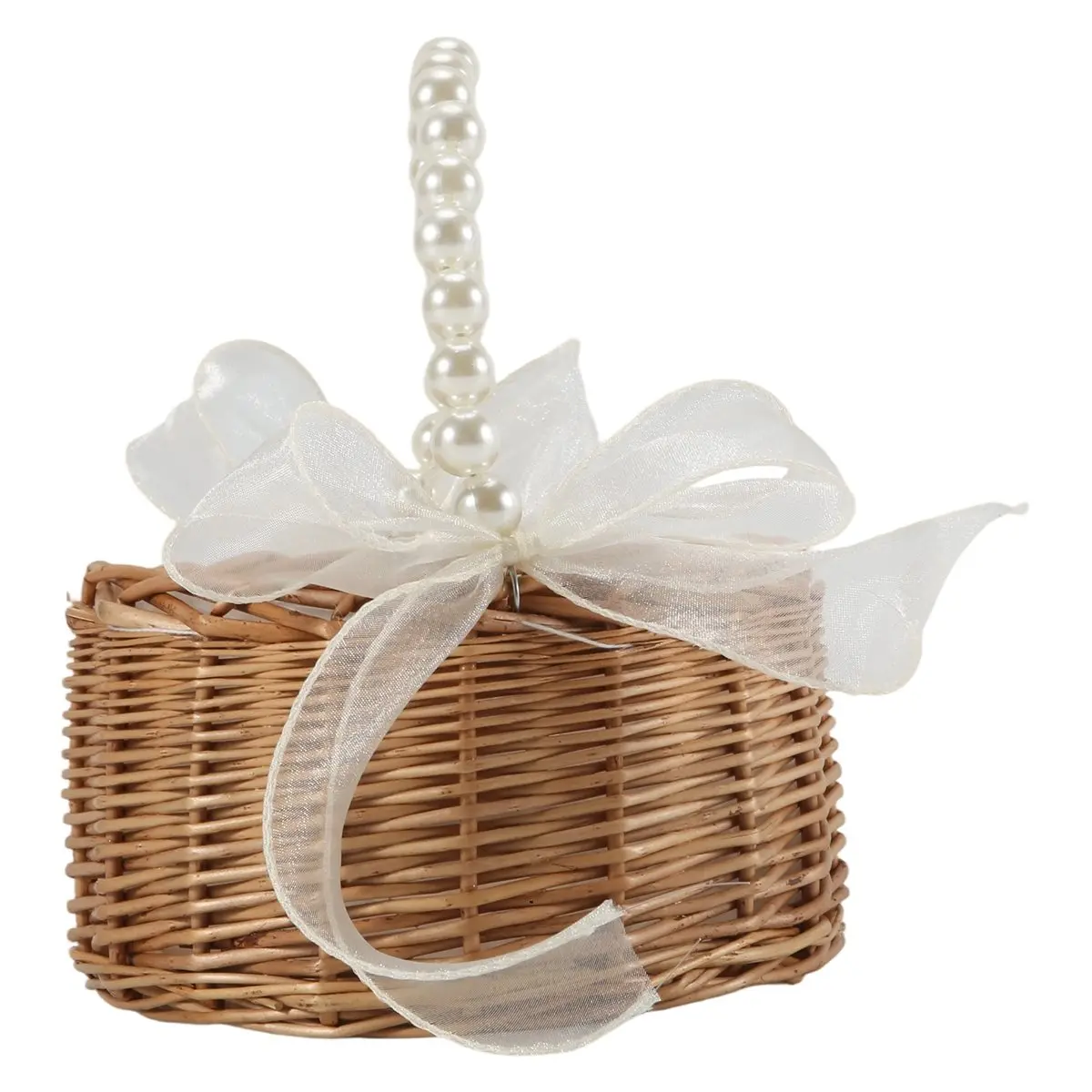 ●Wicker Flower Girl Basket for Weddings, Rattan Flower Basket Handmade Flower Girl Basket with Handle and Ribbon