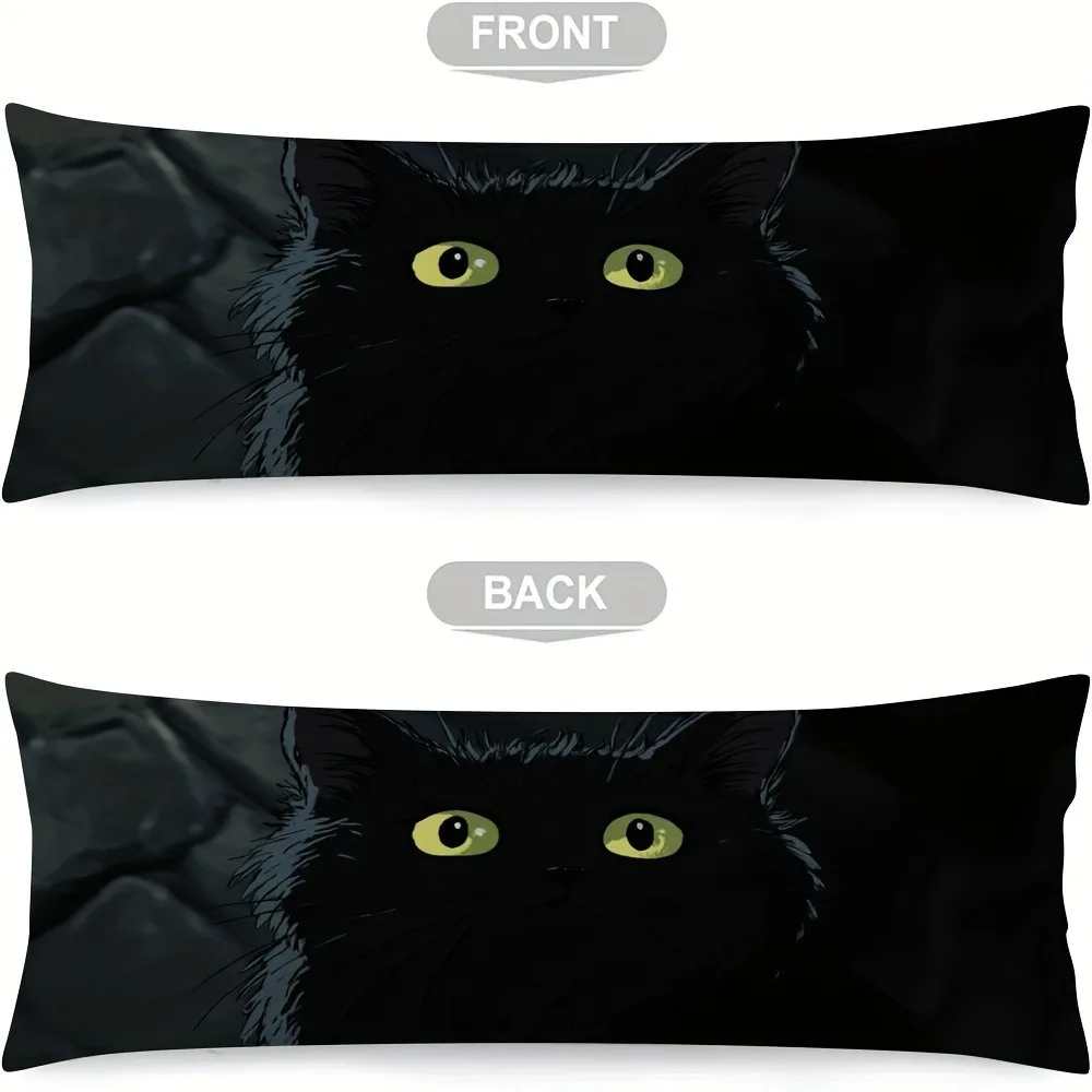 One-Piece Charming Black Cat with Yellow Eyes Long Pillowcase - 20x54 Inches / 50x137cm - Double-sided Print Design, 100% Polyes