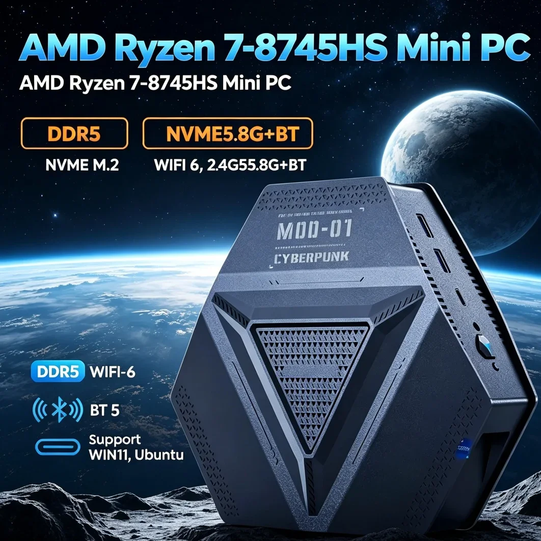 

Space Saving Compact Mini Gaming PC Ryzen7 8745HS WIFI6 Type-C HD DP 2*DDR5 Desktop Office/Home PC 4*USB3.2 2*2.5G LAN Windows11