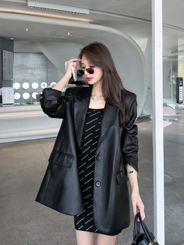 Brown PU Leather Suit Jacket Women Spring Elegant High Quality Black Blazers Mujer Fashion Luxury Loose Causal Outwear Coats New