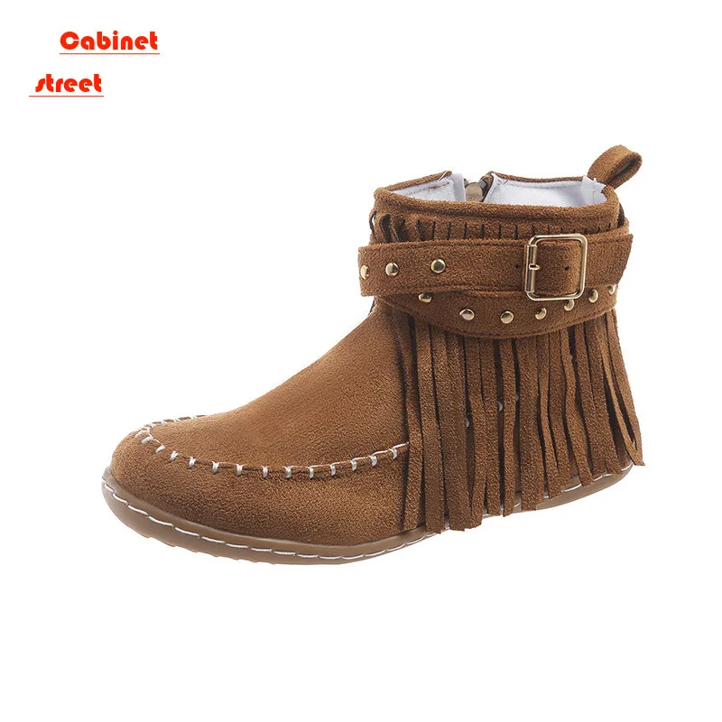 

Style Tassels Ankle Snow Boots Women Retro Faux Suede Buckle Strap Short Boots Woman Plus Size 43 Flat Heels Western Botas