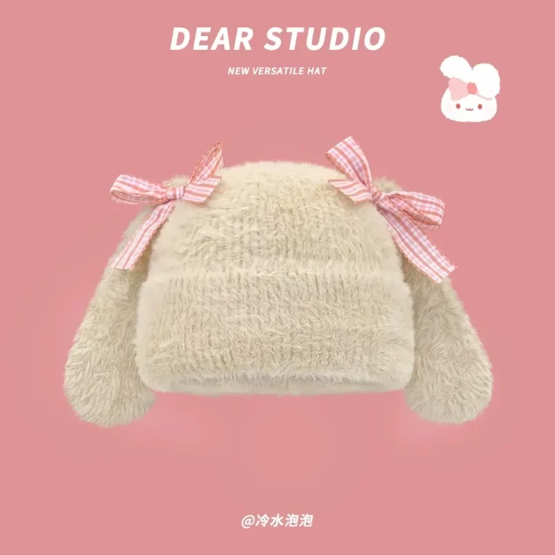 New Japanese Sweet Bow Rabbit Ear Plush Knitted Hat Women\'s Winter Plush Warm Cute Ear Protector Skull Beanie Cap Bonnet