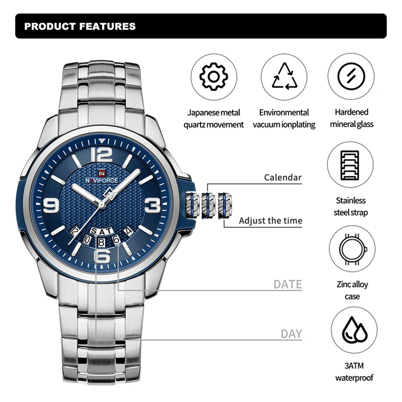 NAVIFORCE Quartz Watches Men Original Fashion Casual Wrist Watch for Business Occasion Stainless Steel Waterproof Calendar Clock