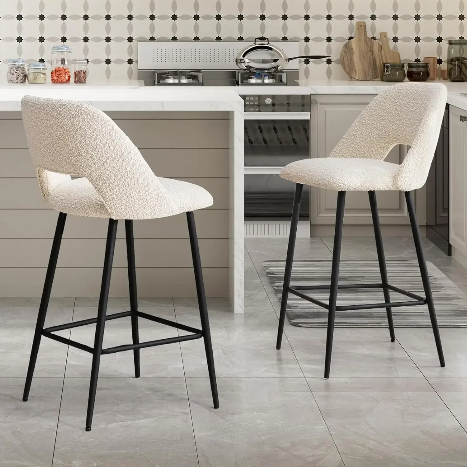 

27’’ Boucle Bar Stools Set of 2, Upholstered Counter Height Stools with Open Back, Modern Barstools for Kitchen Island