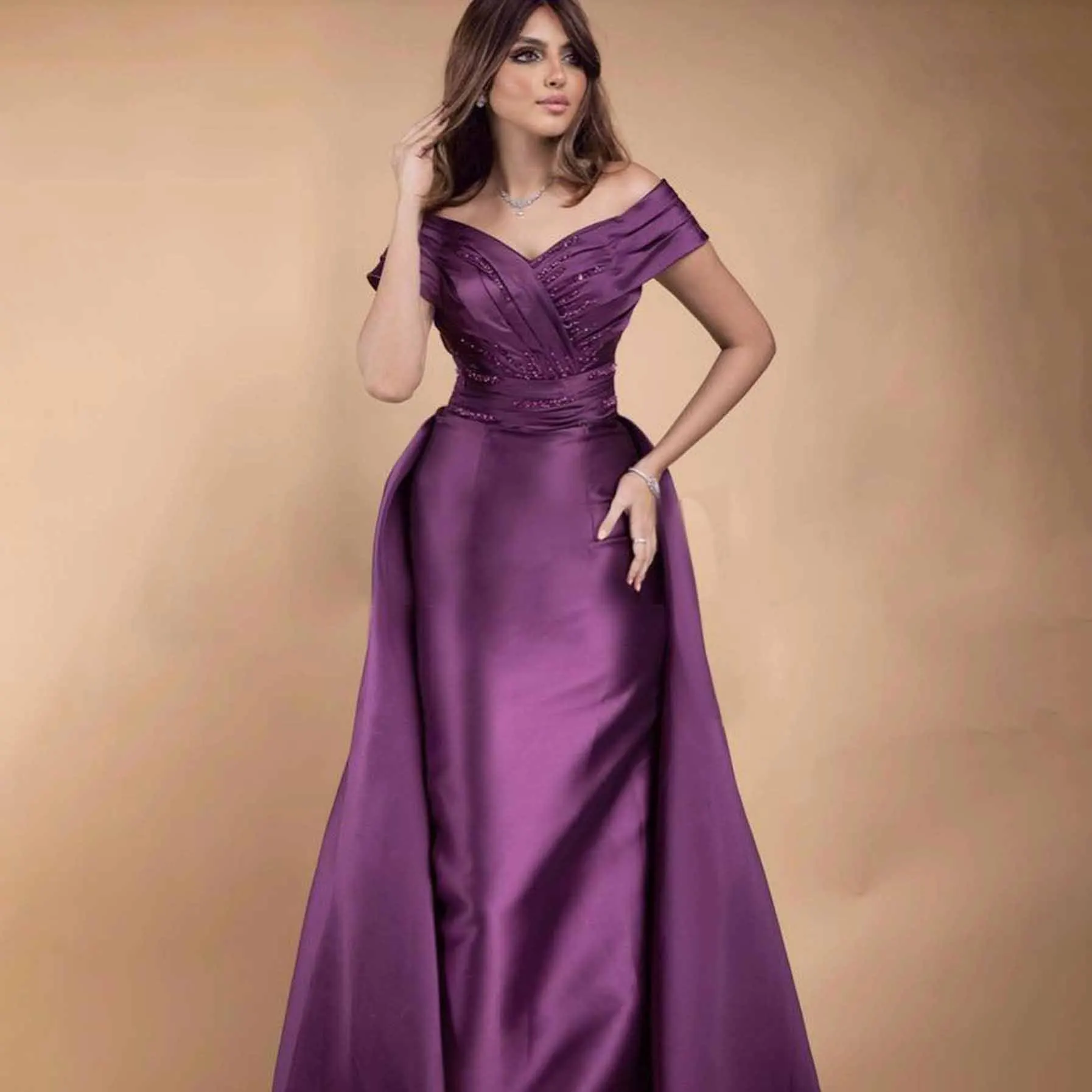 

GIOIO V-Neck Luxury Formal Evening Dresses Beading Sheath Short Sleeves فساتين سهرة Floor Length Elegant Prom Gowns Party Women