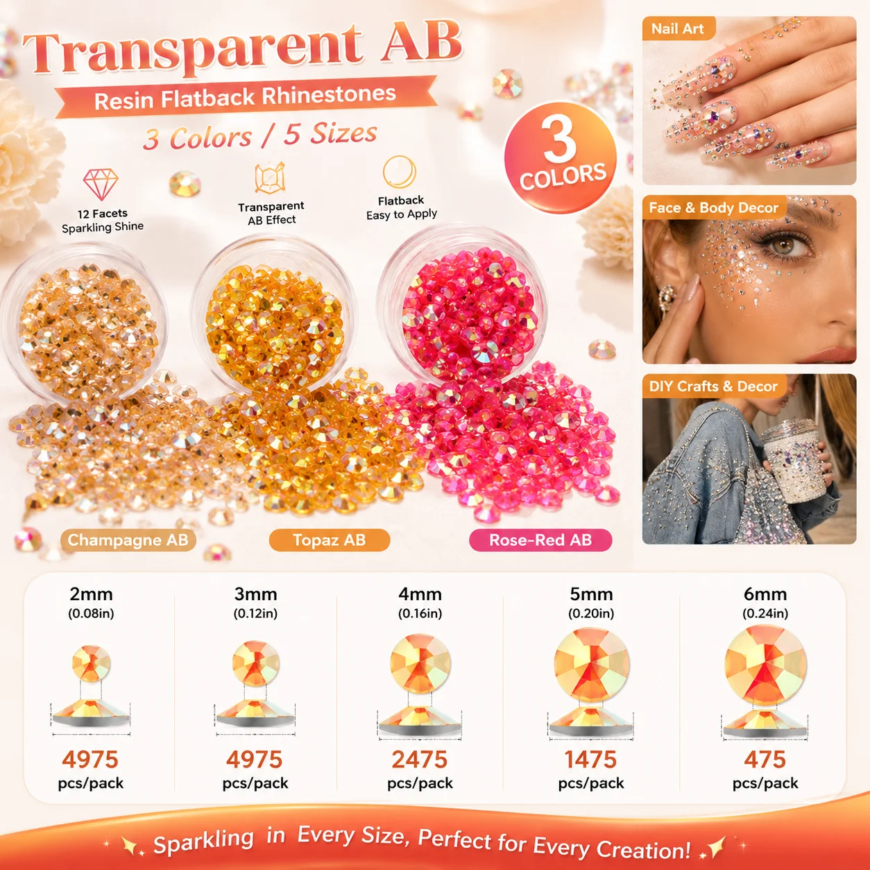 Resin Art Rose - 2-6mm Resin Flatback Strass Champagne Topaz