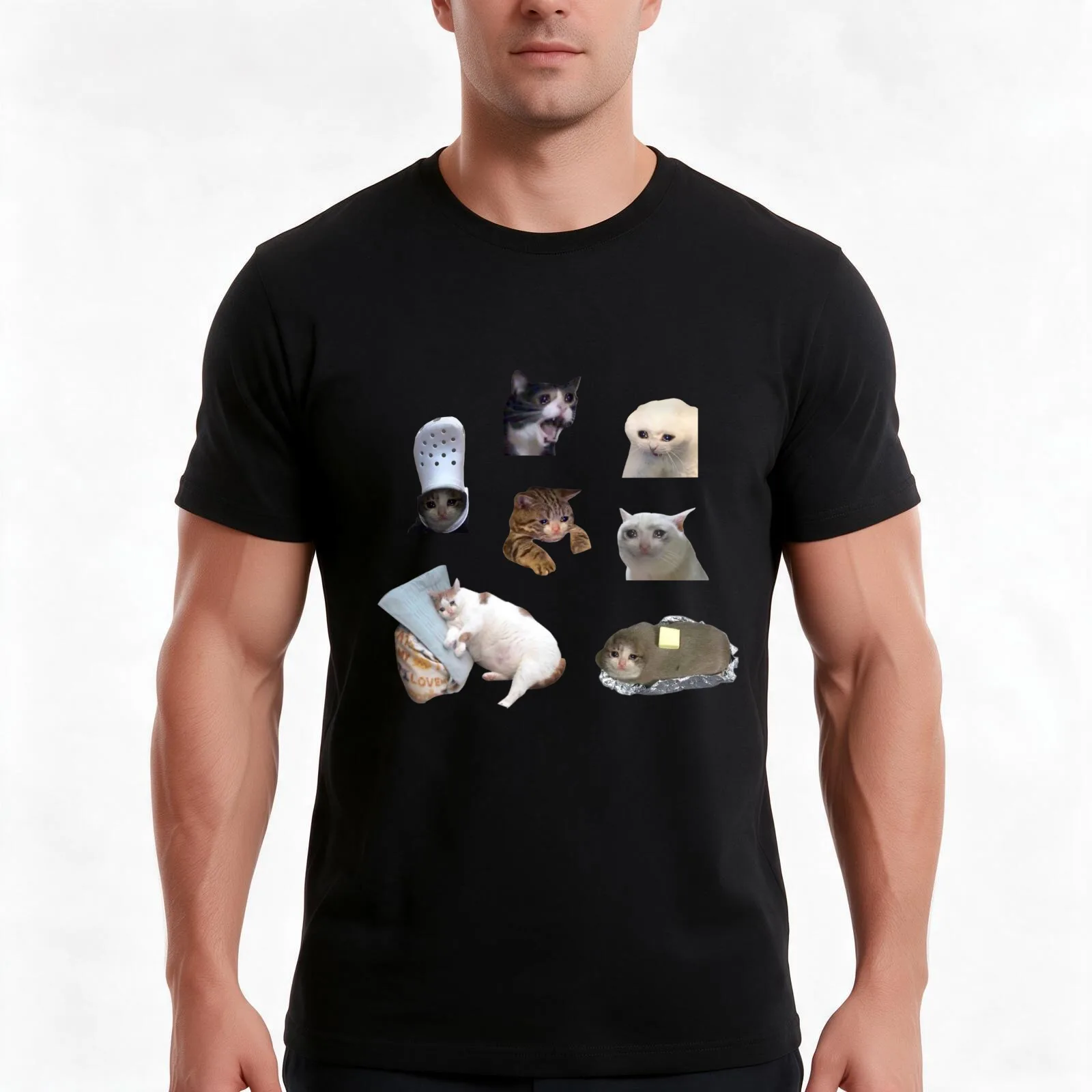 Crying Cat Meme Pack T-Shirt, Summer Casual Cotton Tee, Oversized Streetwear Tops, Vintage Graphic Print, Loose Fit Short Sleeve