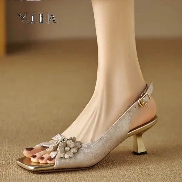 

YULILIA Fashion Sexy Square Toe Open-toed French Style High Heel Sandals Women's High Heels New Summer Pumps Wear with Skirts