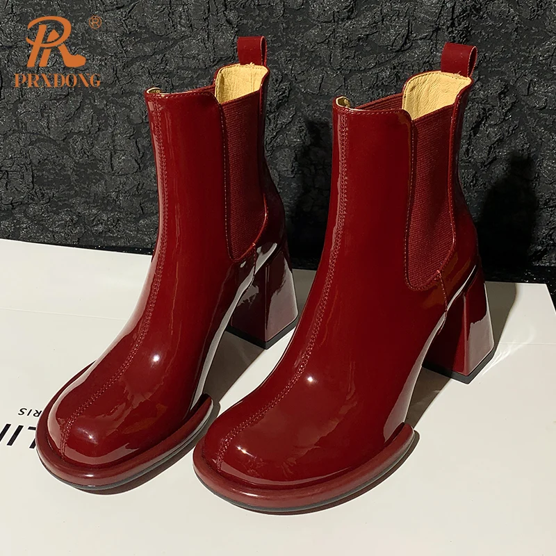 PRXDONG Genuine Patent Leather Autumn WInter Shoes Woman Ankle Boots Square Heels Round Toe Black Red Dress Party Wedding Shoes