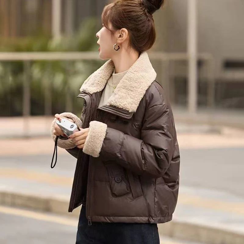 

Lamb Wool Stitching PU Leather Down Cotton-Padded Jacket Women's Short Overcoat 2025 Winter New Thick Warm Parka Loose Chic Tops