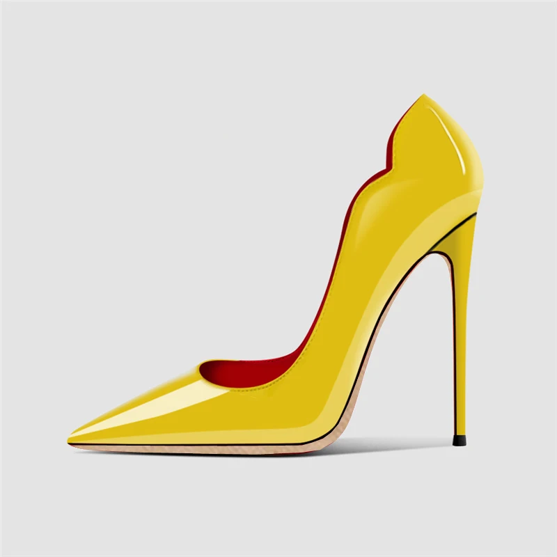 Yellow Curl Upper Women Patent Pointed Toe Stiletto 12cm High Heels Sexy Ladies Party Dress Shoes Club Dance Pumps Plus Size