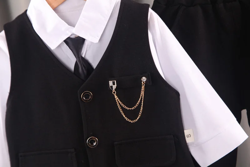 2024 new boy\'s solid color children\'s gentleman suit wear baby chain vest Tie Shirt three piece formal evening fashion dres