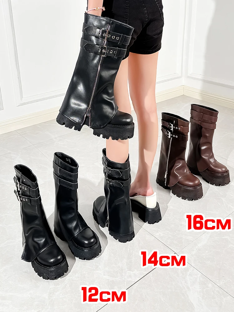 12-16cm Women Elevator Shoes Platform Boots Luxury Design Black Booties Genuine Leather Height Increasing Shoe Female Calf Boots