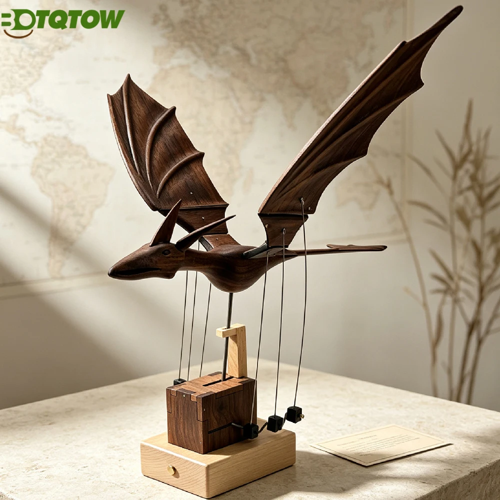 Walnut Wood Dragon Kinetic Art, USB Rechargeable Mechanical Sculpture with Moving Wings, Desk Centerpiece for Home Office Decor