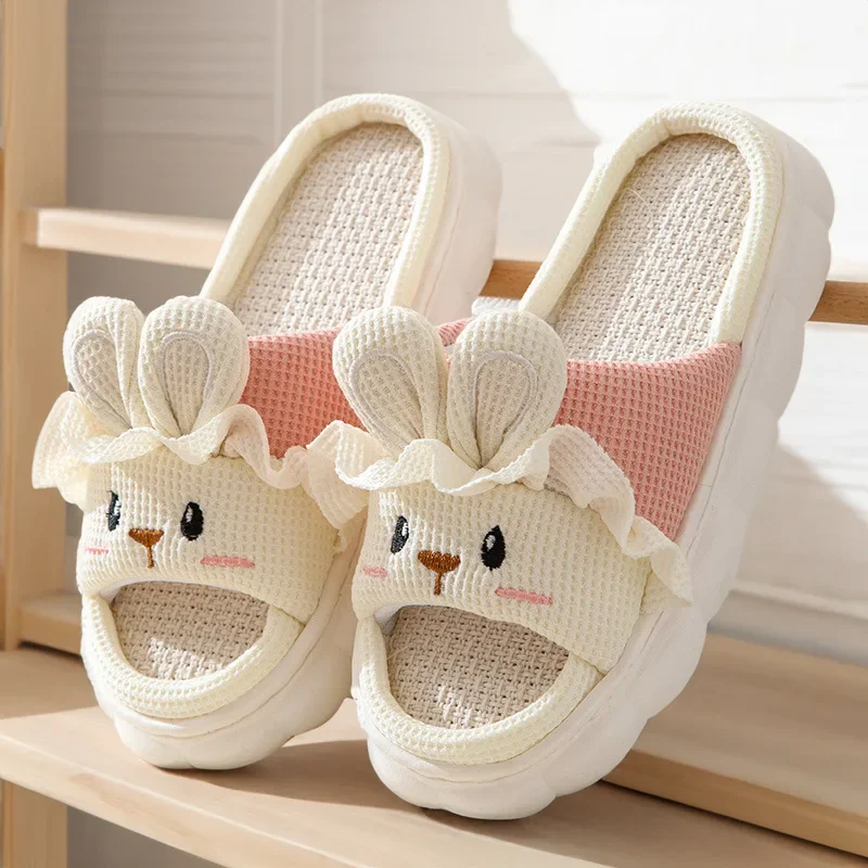 Sandal kelinci lucu untuk wanita, sandal jepit kartun musim gugur, sepatu rumah Linen katun, sandal selop kasual empat musim