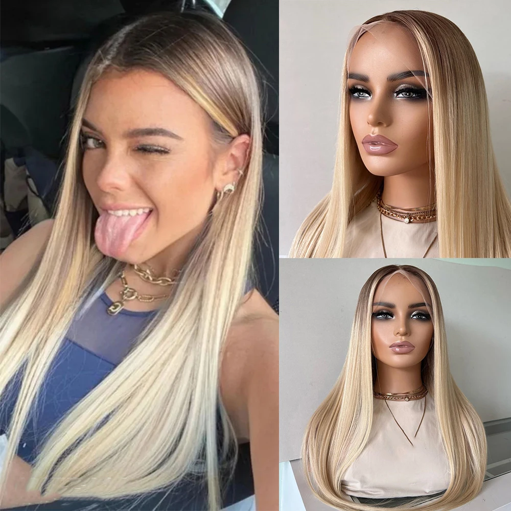 

Синтетический парик медово-русого цвета с прямой текстурой и темными корнями, с кружевной передней частью 13x4, предварительно выщипанный, для женщин