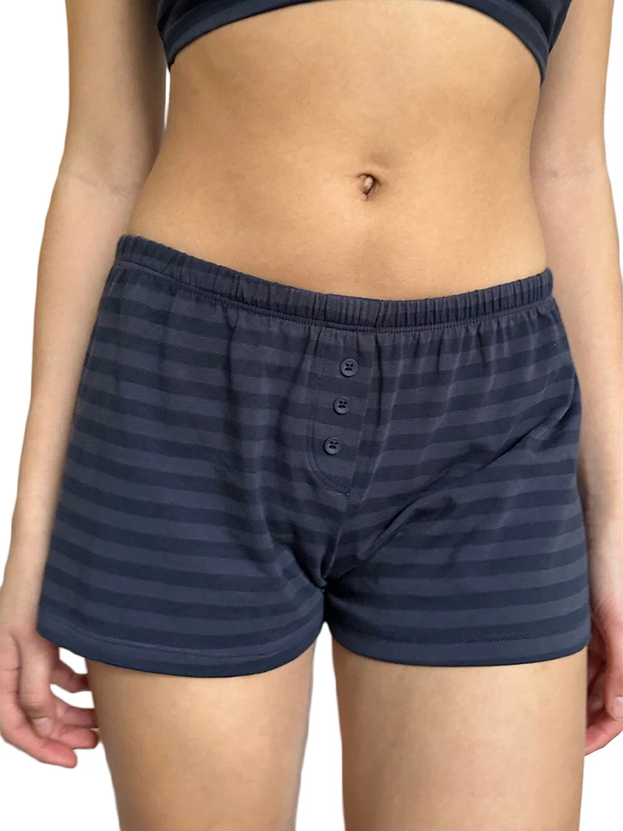 Women Striped Sweatshorts Striped Print Elastic Short Pants for Vacation Beach Nightclub Three Buttons.Summer Shorts