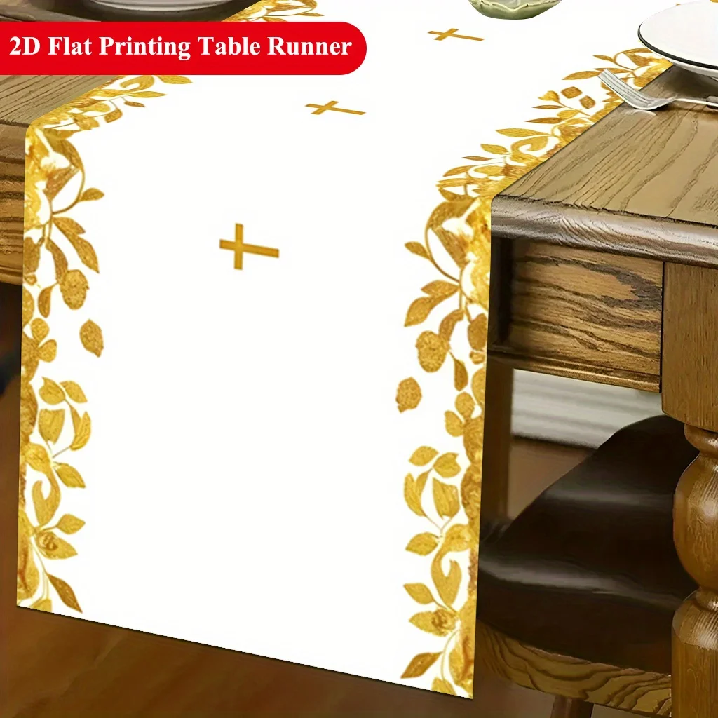 Gold Leaves Table Runner - 1PC Holy Cross Element 2D Print Luxury Metallic Pattern Cover for Dining Table TV Stand