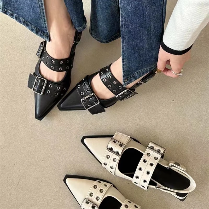 

Women Flat With Shoes 2024 Designer Luxury Buckle Fashion Ladies Flats Shoes Slingback Pointed Toe Casual Female Sandals Mules