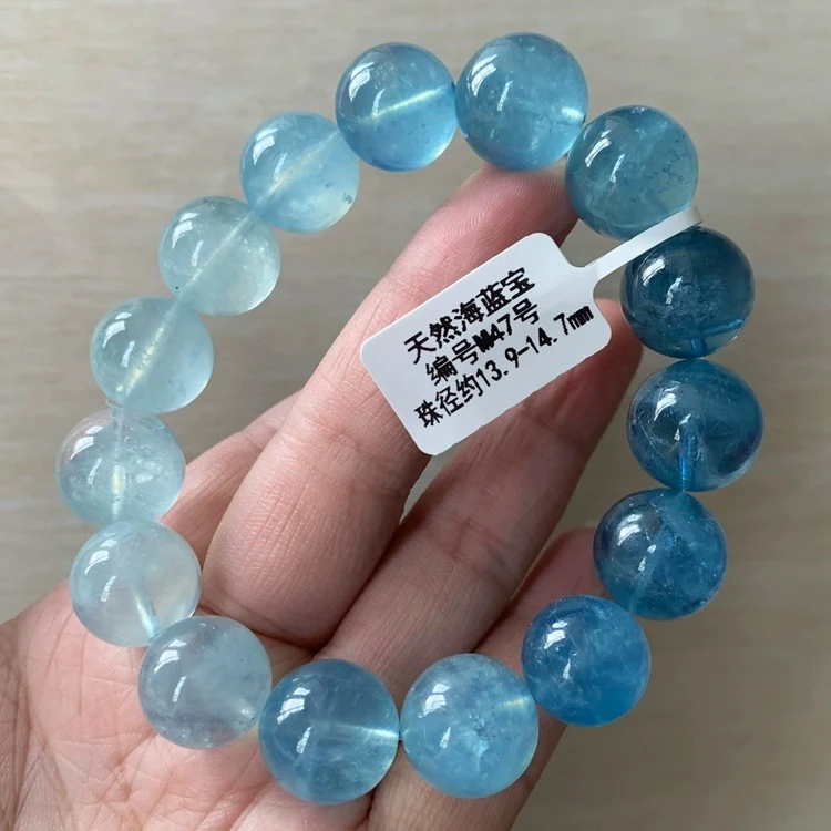 Natural Blue Aquamarine Clear Round Beads Bracelet Women Men Gift Fashion Brazil Rainbow White Blue Aquamarine Jewelry AAAAAA