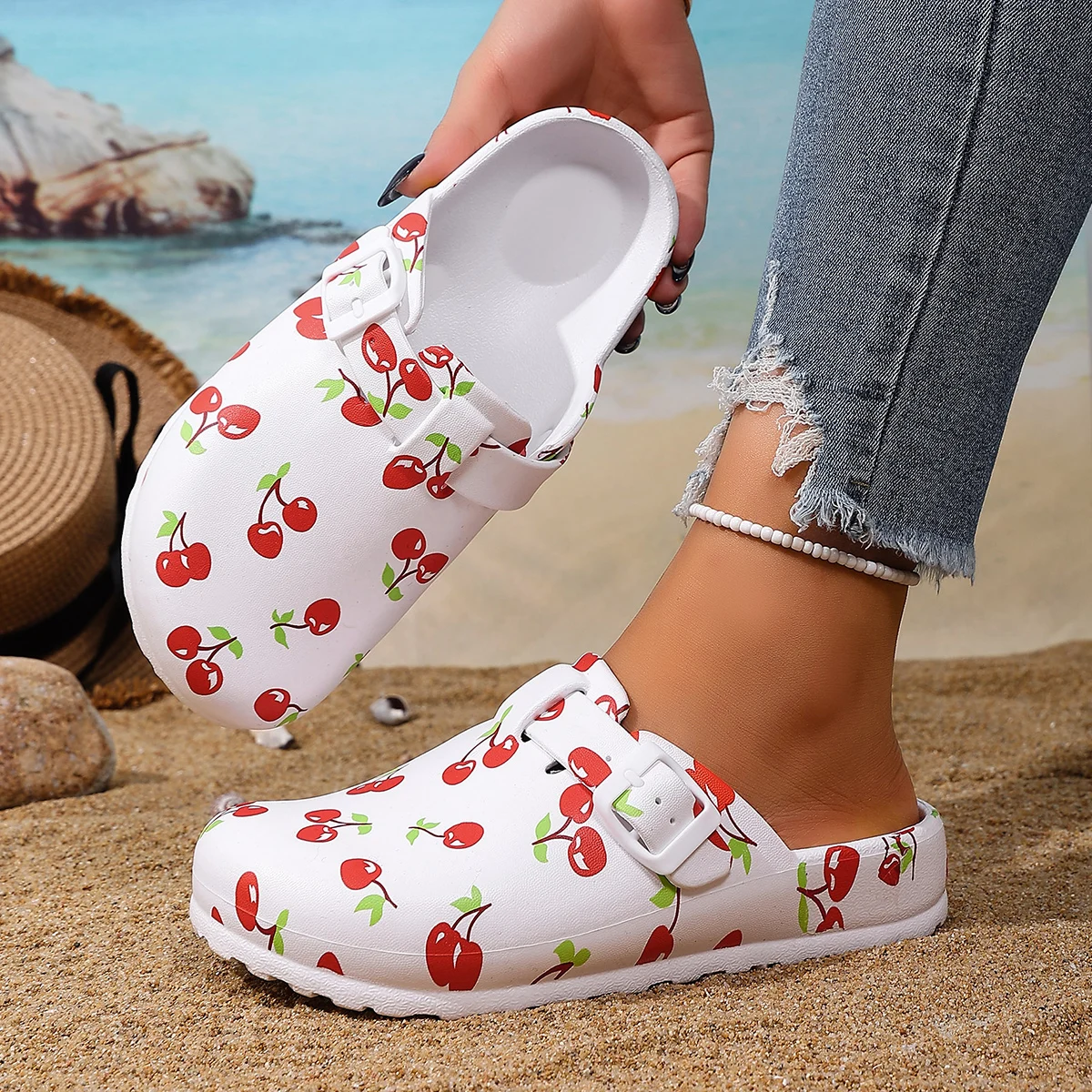 Women's Slip-On Sandals Cherry Print Comfortable Durable Double Buckle Adjustable Lightweight Portable for Travel Vacation Stree