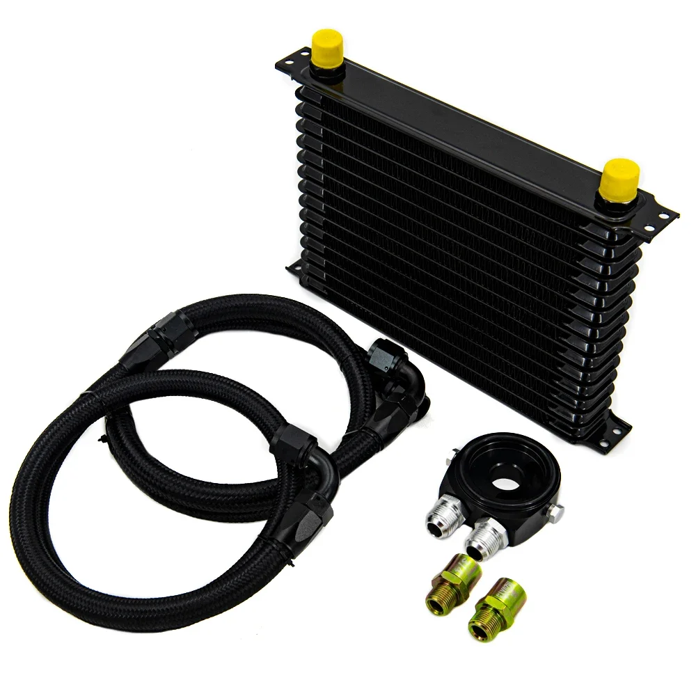 

Transmission Oil Cooler Kit 15 Rows 2 TYPE Oil Filter Adapter With 2PCS Nylon Stainless Steel Braided Hose