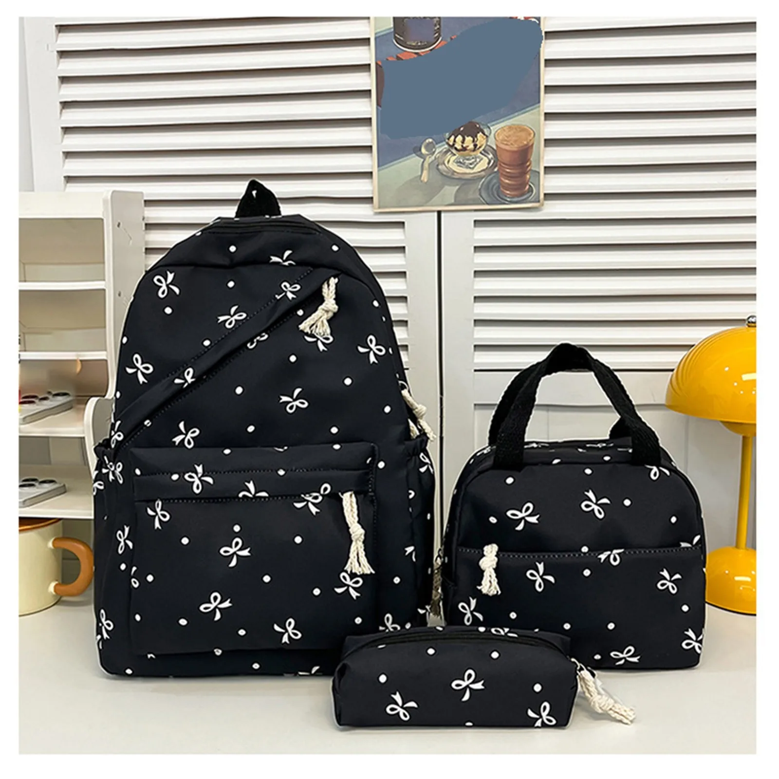Teen Girls Women Coquette Bow Dot Print 3Pcs Backpack Set Lightweight Laptop Bag Handbag Pencil Case Travel Bookbag