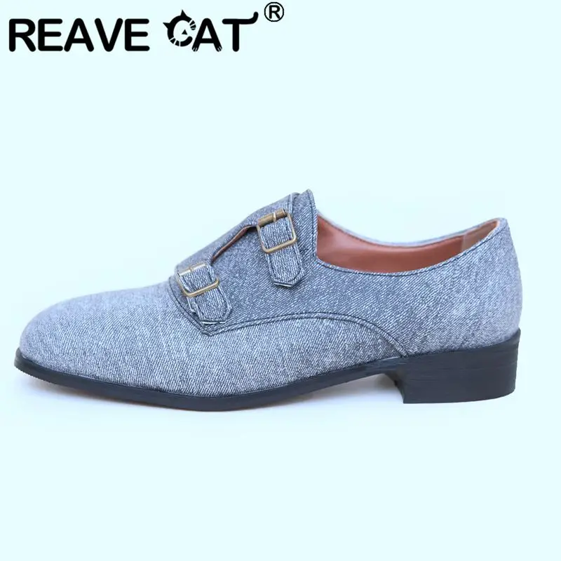 

REAVE CAT Design Casual Women Flats 33 Denim Square Toe Slip On Spring Leisure Daily Shoes Plus Size 43 44 45 Metal Decoration