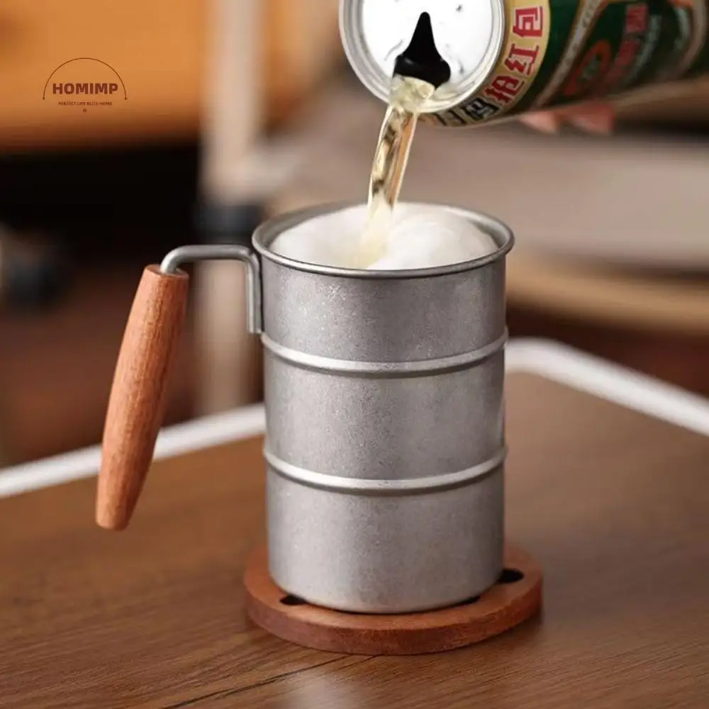 

Stainless Steel Vintage Wine Mug Oil Barrel Design Industrial Style Camping Cup Wooden Handle Shatterproof Coffee Cup