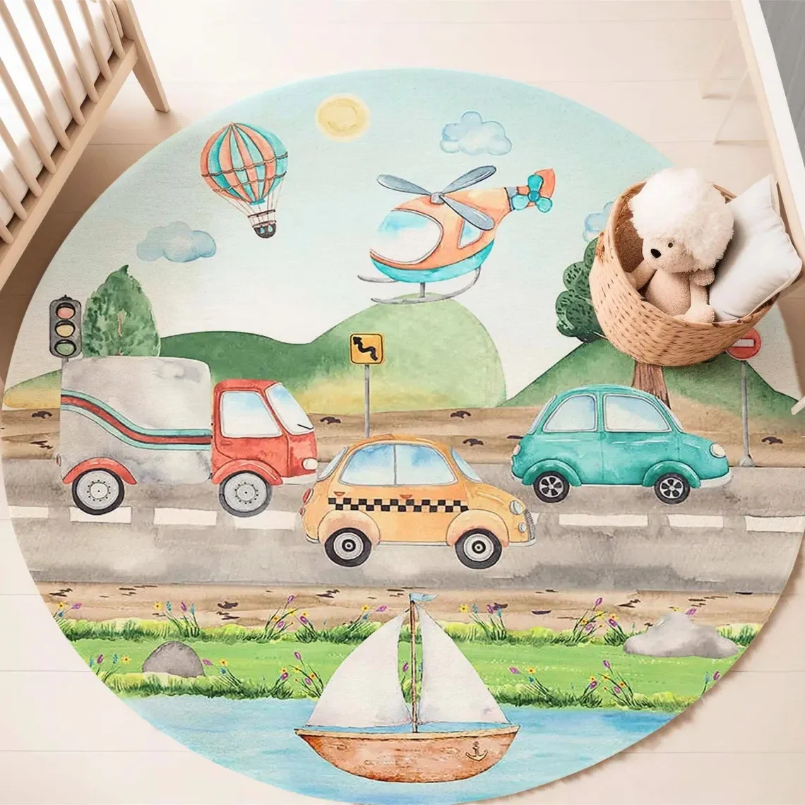 Watercolor Pilot Bear Airplane Round Rug Non Slip Washable Floor Mat for Kids Bedroom Playroom Nursery Indoor Home Decor