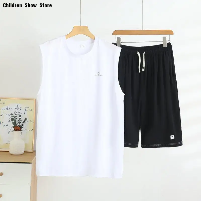 Mens Sleeveless Pajamas Set Summer Cotton Vest Shorts Loungewear 2 Pieces Set Nightwear Casual Sleepwear Big Size 4Xl 5Xl