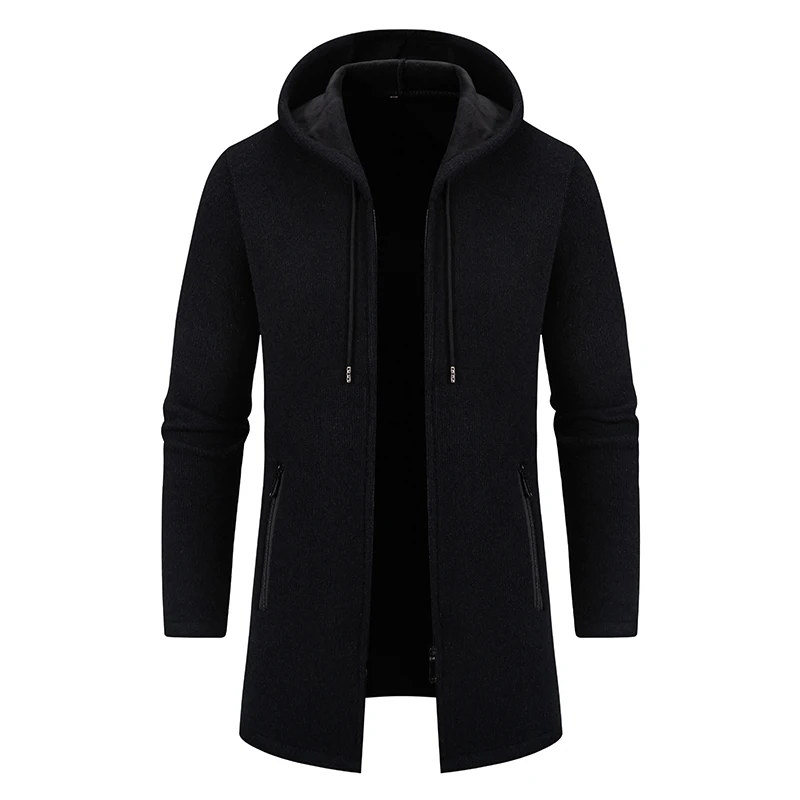 Winter Men\'s Sweater Cardigan Loose Large Size Hooded Outwear Casual Mid-Length Outwear Fleece-Lined Thickeneded Pure Color Woolen Clothes Pure