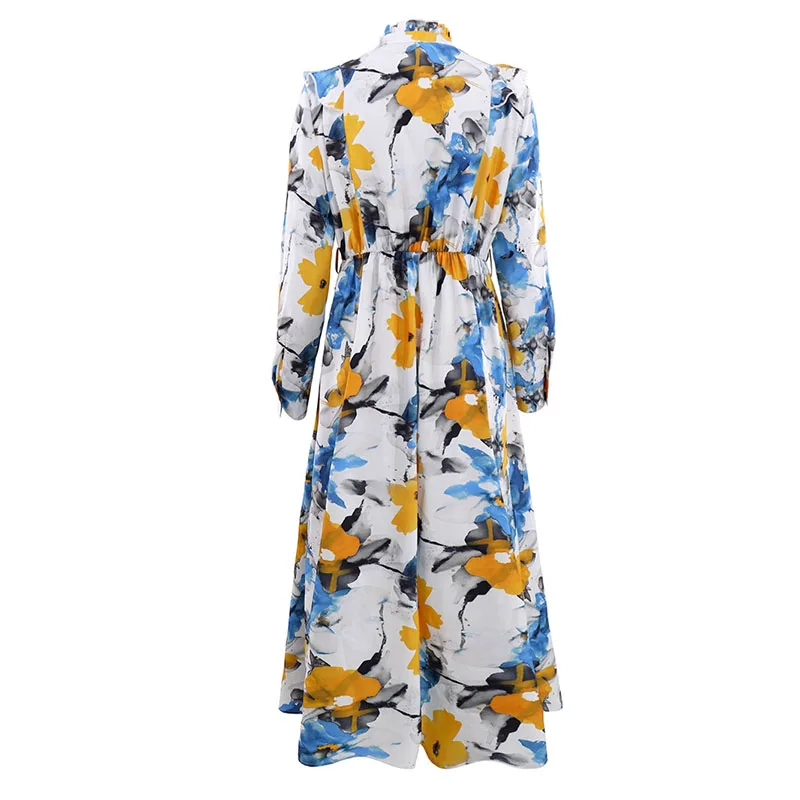 Femmes mode taille plissée robe de soirée motif élégant imprimé nœud à lacets robe longue 2025 Sexy col en v à manches longues robe de vacances