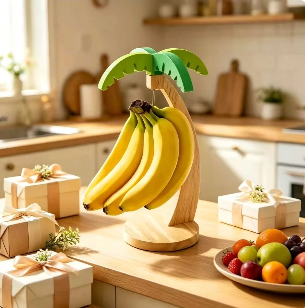 Decorative Wooden Banana Rack With Hook Simulated Leaf Vertical Fruit Storage Hanger For Kitchen