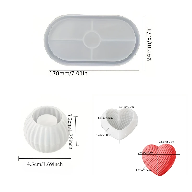 Silicone mold set featuring three designs: striped candle holders,flower-shaped heart candles, and decorative plates home decor