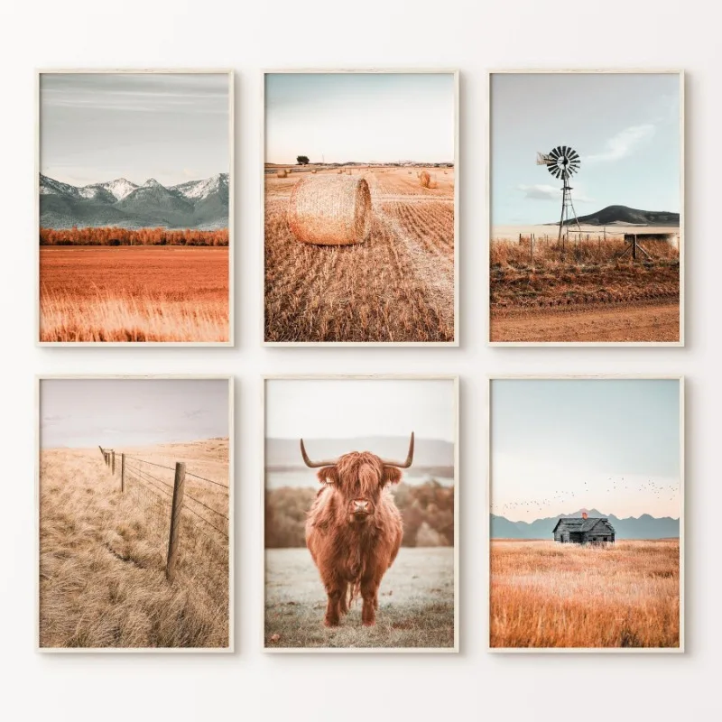 (No frame)Pósteres e impresiones modernos de paisaje occidental de granja rústica de vaca de las tierras altas, impresión en