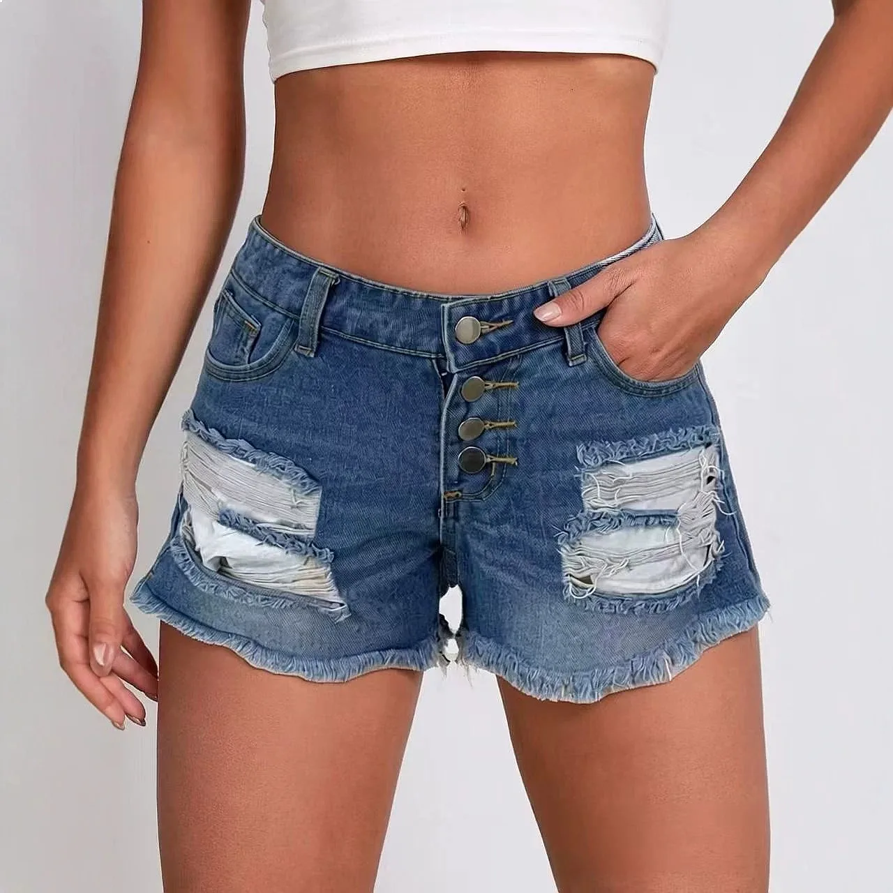 Jean Pants Multi-Button Distressed Jeans Spring Summer Denim for Women