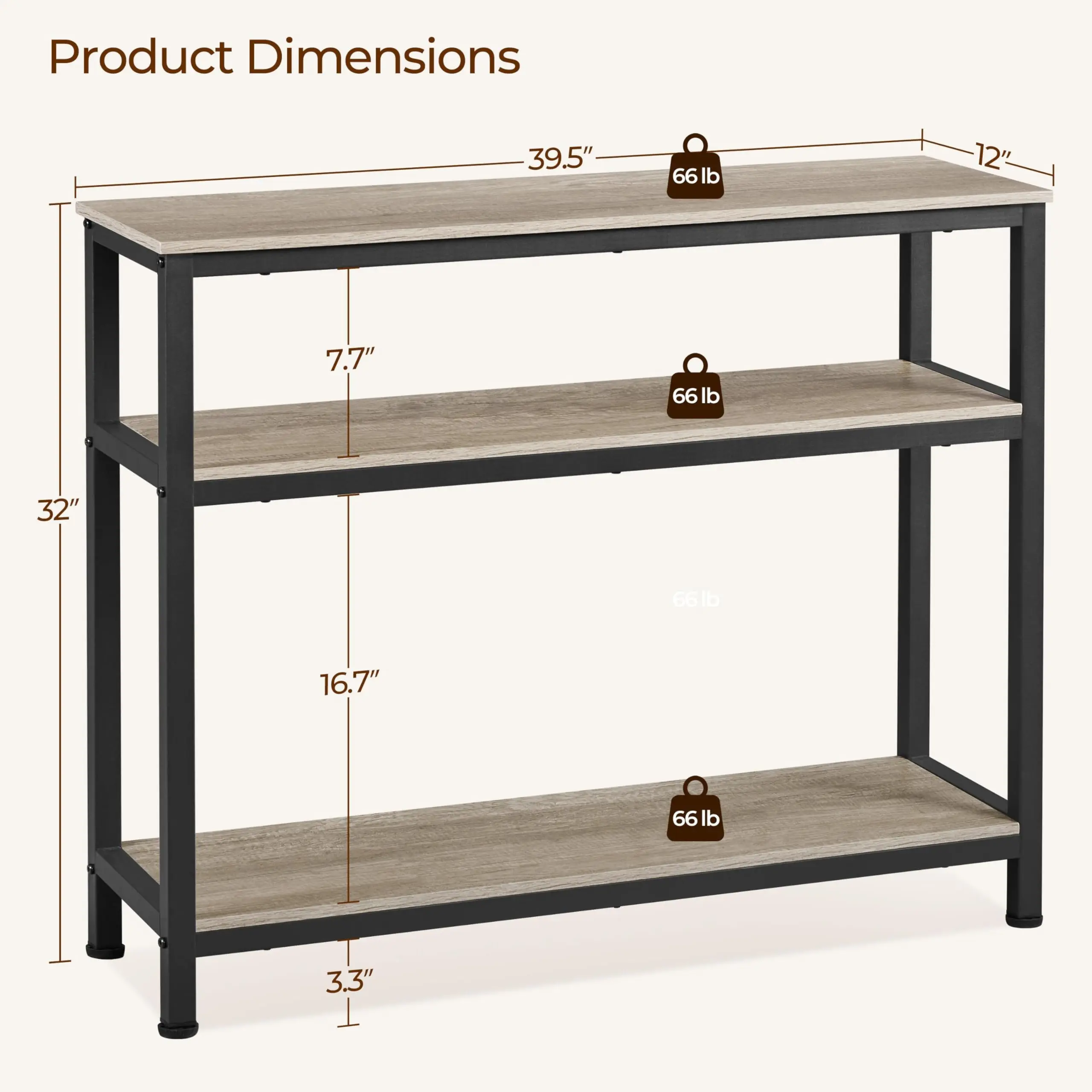 Multifunctional 3-Tier Console Table, Industrial Long Skinny Entryway Table with Storage, Narrow Corner Organizer, Gray