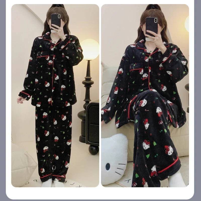 Hello Kitty Pajamas Christmas Cartoon Pure Cotton Autumn New Christmas Tree Women\'s Pajamas Sanrio Casual Loungewear Set