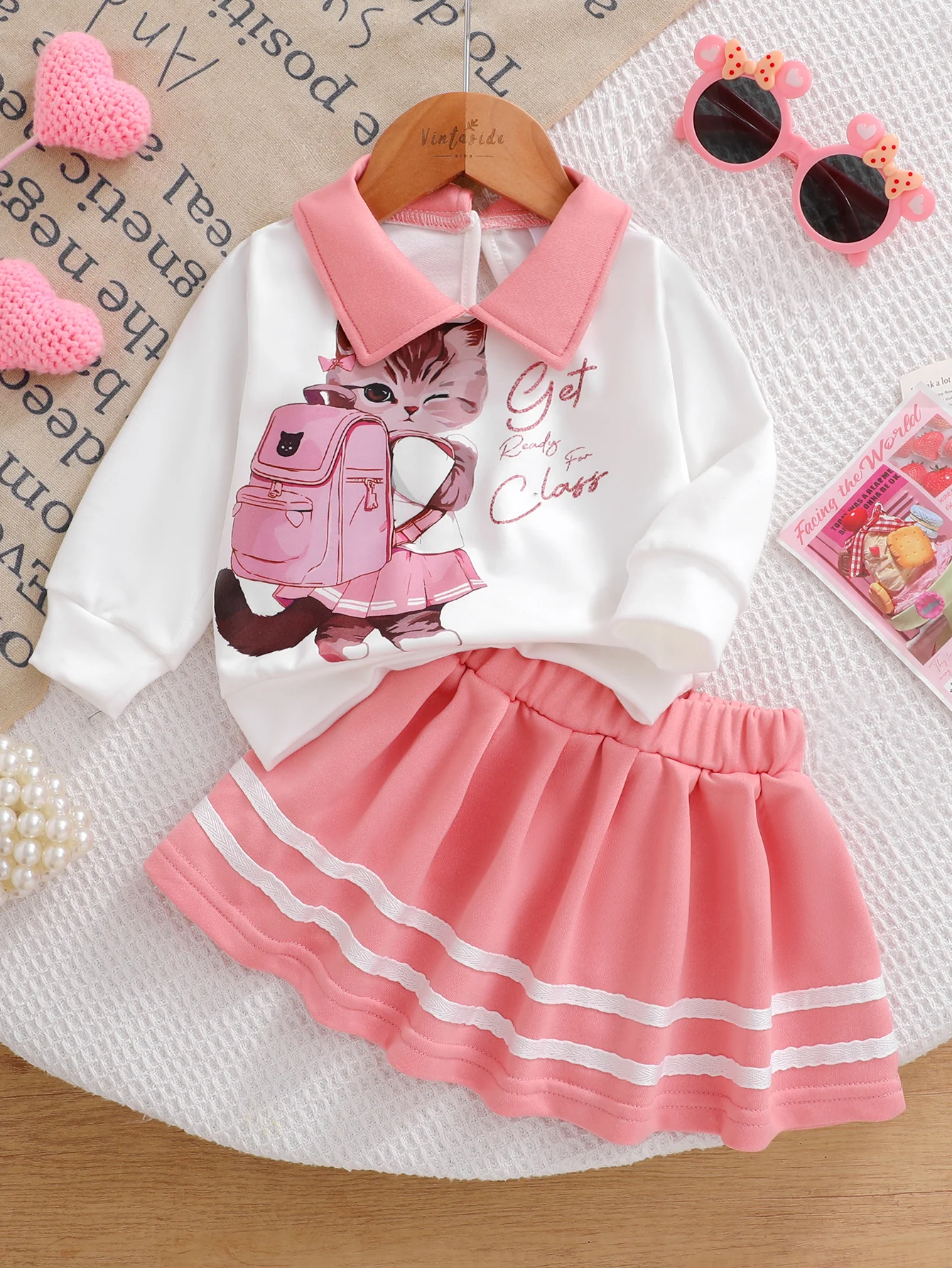 

2pcs,Toddler Girl School-Themed Outfit: Cat with Backpack Print Top and Pink Skirt Set