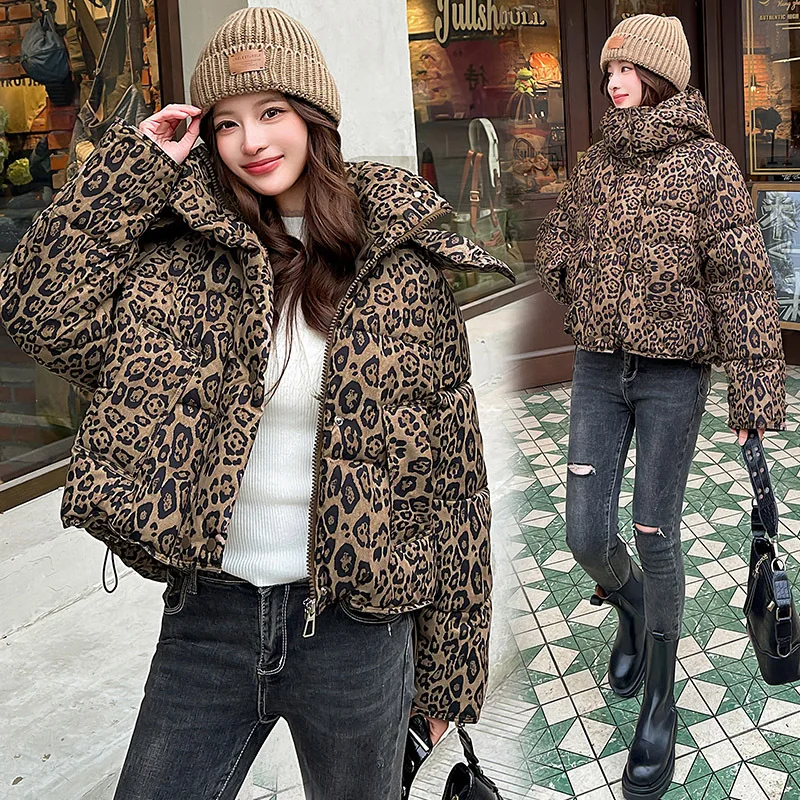 Women Parkas Coats Jackets Zipper Leopard Print Hooded Coat Stand Collar Y2k Streetwear Jacket Work Outerwear Autumn Winter