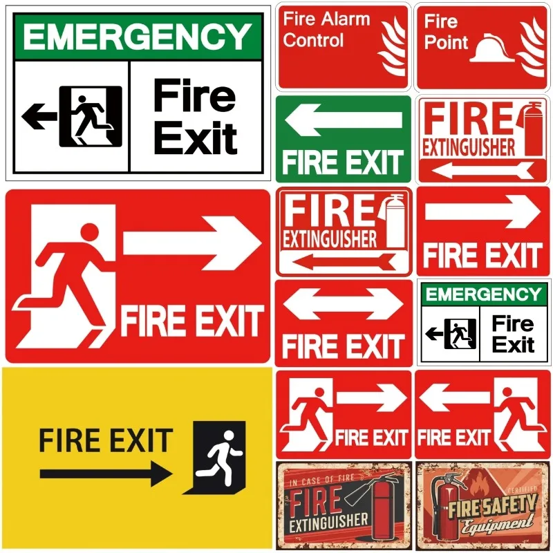 Retro Style Metal Fire Safety Warning Fire Safety Exit Tin Sign Plaque for Public Place Company Home Club Bar Cafe Wall Decor