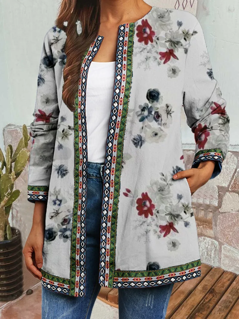 Women\'s Fashion Leisure Retro Ethnic Style Printed Long Sleeved Jacket  Cardigan Women\'s Top