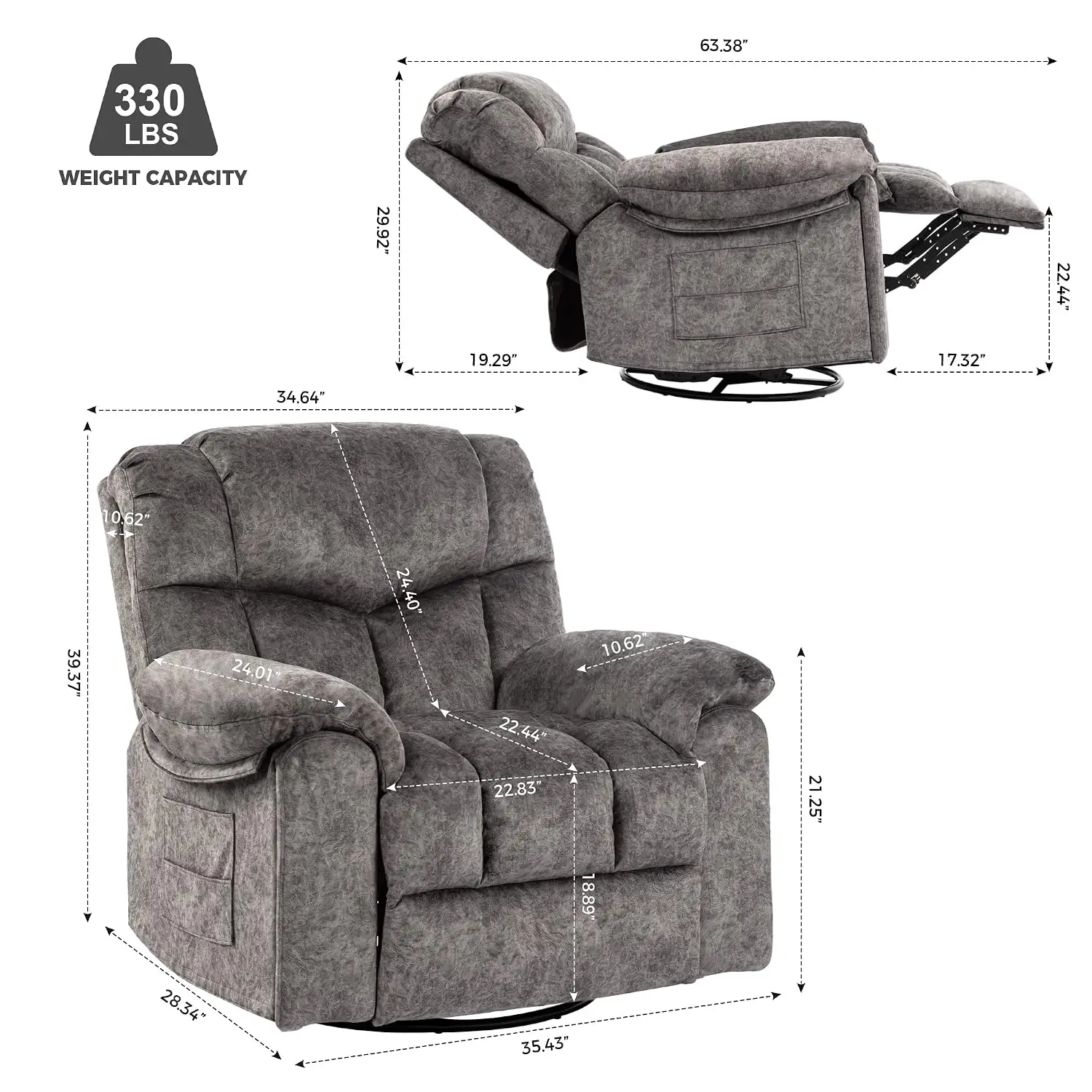 360° Swivel Recliner Chair Wide Lounge Adjustable Ergonomic Fabric Sofa Living Room Bedroom, Customized