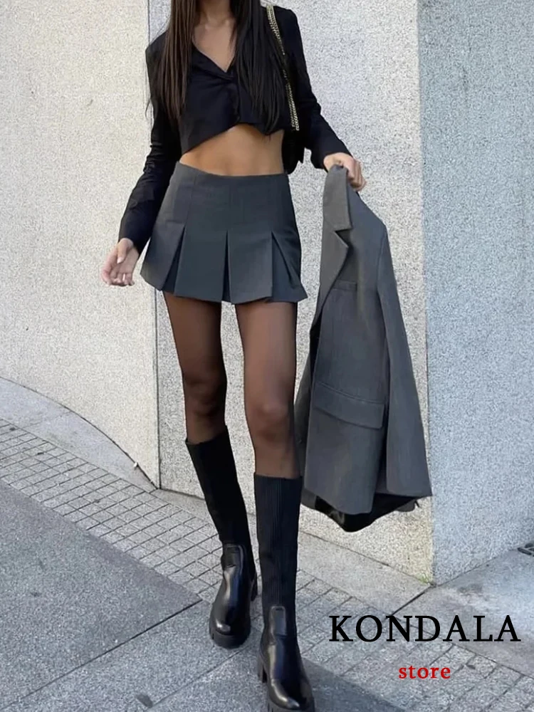 TRAFZA Vintage Dark Grey Mini Skirts Women Ruffles Pleated Sexy Shorts Skirts Female Fashion 2024 Streetwear Mujer Faldas