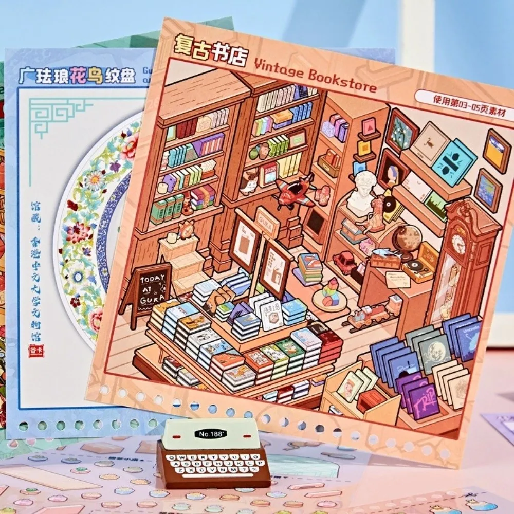New Supermarket Scene 3D Sticker Book PET 8 Scenes Pocket Sticker Book Creative Die Cut Mini Landscape Sticker DIY Activity